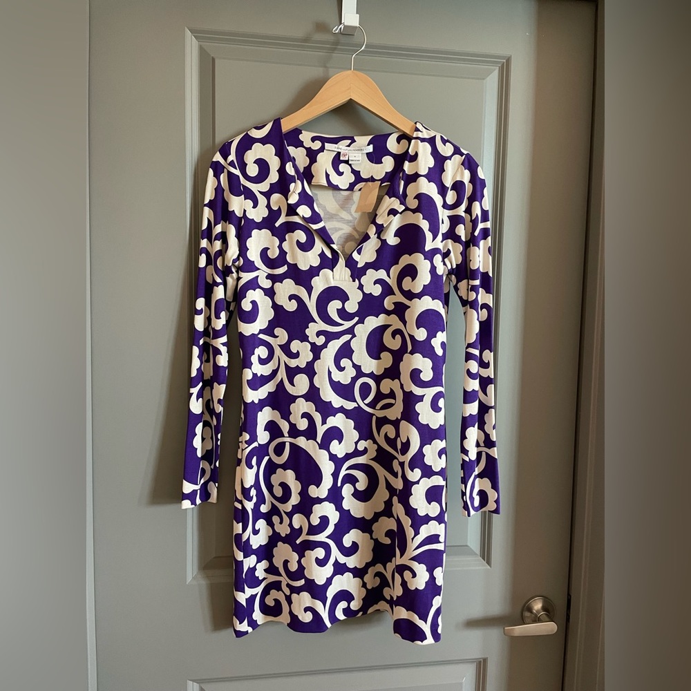 Diane Von Furstenberg Reina Spiral Ferns Purple Long Sleeve Silk Jersey Dress 6
